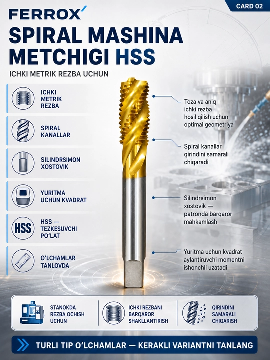 Ichki metrik rezba uchun HSS spiral mashina metchigi