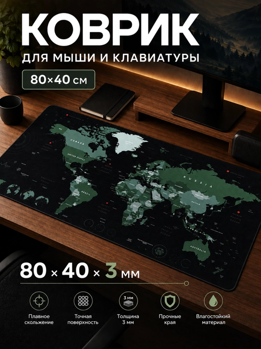 Kompyuter kovrik, klaviatura va sichqoncha uchun kovrik, gilamcha, o‘lchami 80 × 40 × 3 мм - 