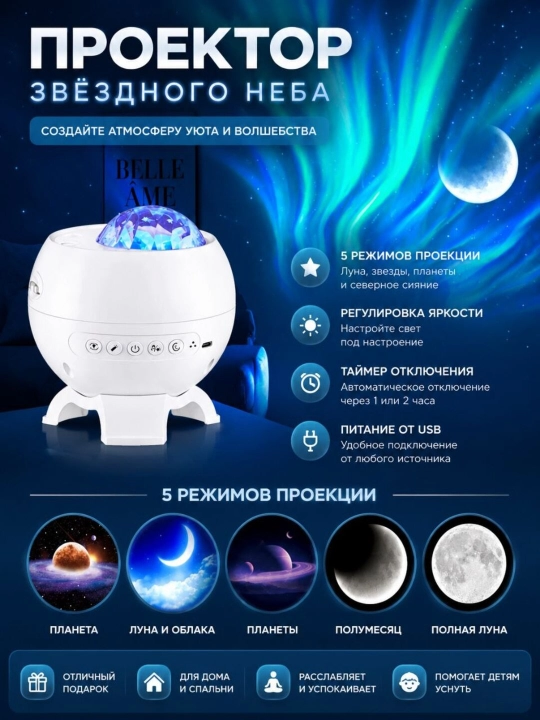 Детский ночник Aurora, ночная лампа, светильник-проектор звёздного неба и северного сияния