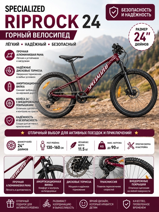 Mustahkam alyuminiy ramkali maxsus Riprock 24 tog‘ velosipedi - 
