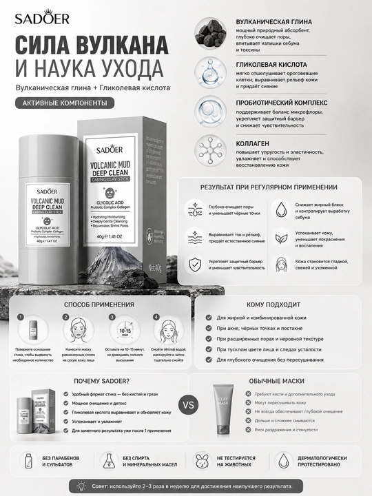 SADOER vulqon loyi va glikol kislota bilan maska-stik, chuqur tozalash, detoks, 40g