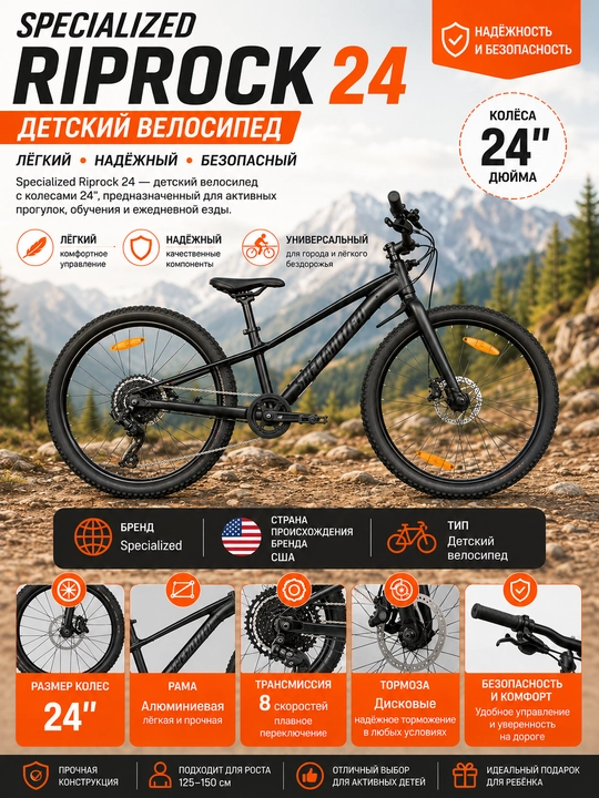 Mustahkam alyuminiy ramali Specialized Riprock 24, 8 tezlikli velosiped - 