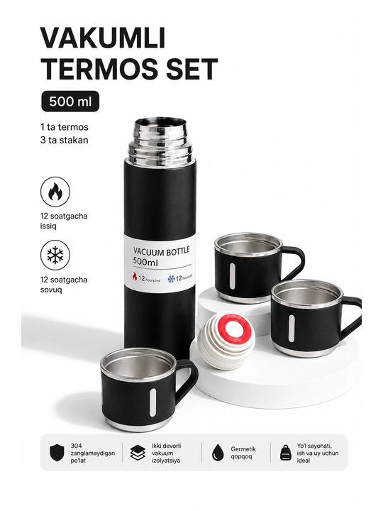 Vakuumli termos set, 500 ml, 3 ta stakan va germetik qopqoq bilan - 