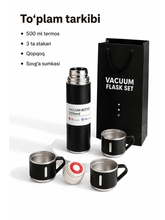 Vakuumli termos set, 500 ml, 3 ta stakan va germetik qopqoq bilan