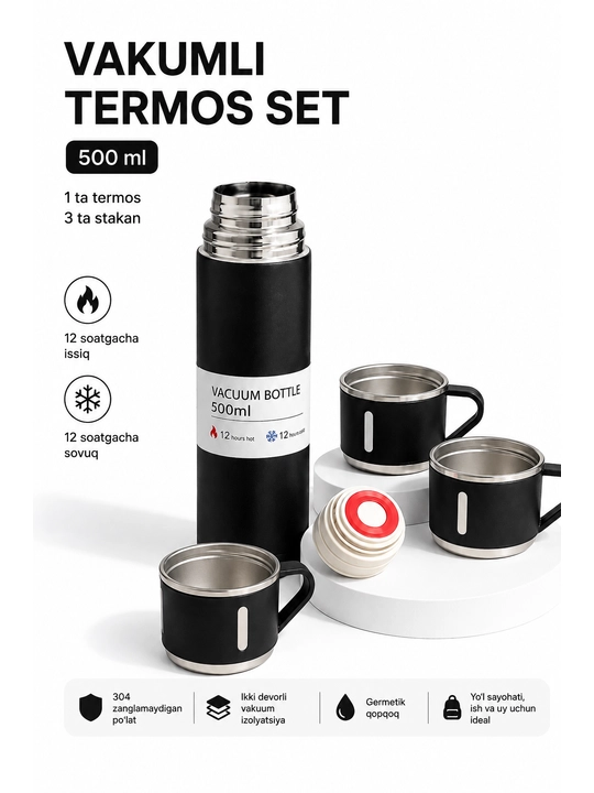 Vakuumli termos set, 500 ml, 3 ta stakan va germetik qopqoq bilan