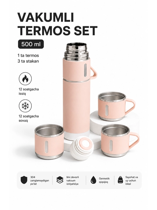 Vakuumli termos set, 500 ml, 3 ta stakan va germetik qopqoq bilan - 