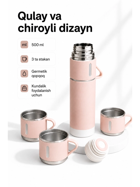 Vakuumli termos set, 500 ml, 3 ta stakan va germetik qopqoq bilan