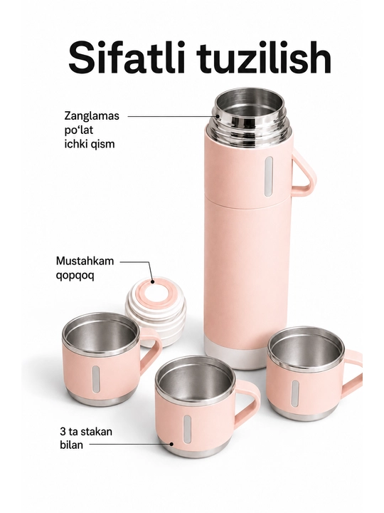 Vakuumli termos set, 500 ml, 3 ta stakan va germetik qopqoq bilan
