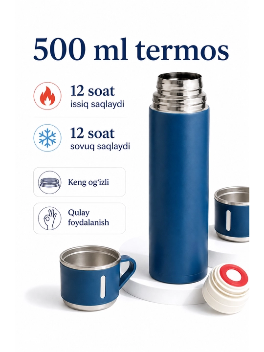 Vakuumli termos set, 500 ml, 3 ta stakan va germetik qopqoq bilan