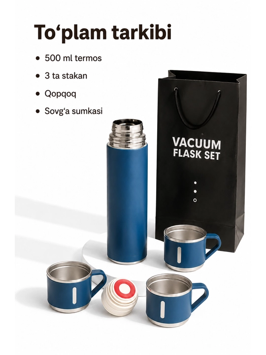 Vakuumli termos set, 500 ml, 3 ta stakan va germetik qopqoq bilan