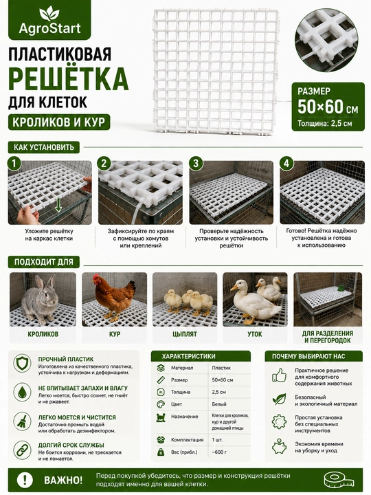 Quyon va tovuq kataklari uchun 50×60 sm o‘lchamli plastik panjara