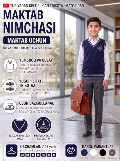 Maktab jileti,o‘g‘il va qiz bolalar jileti,qulay va yoqimli mato, 6-18 yosh, maktab kiyimi