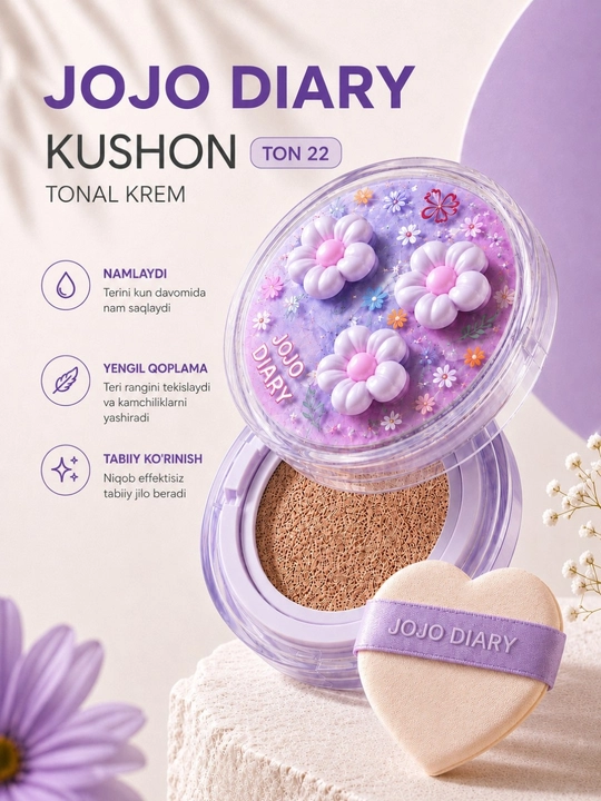 Kushon, tonal krem JOJO DIARY, yuzni tekislovchi, namlovchi - 