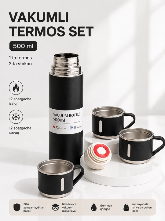 Zanglamaydigan po‘latdan yasalgan, vakuumli, 3 ta chashkali 500 ml li termos to‘plami - 
