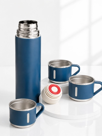 Zanglamaydigan po‘latdan yasalgan, vakuumli, 3 ta chashkali 500 ml li termos to‘plami - 