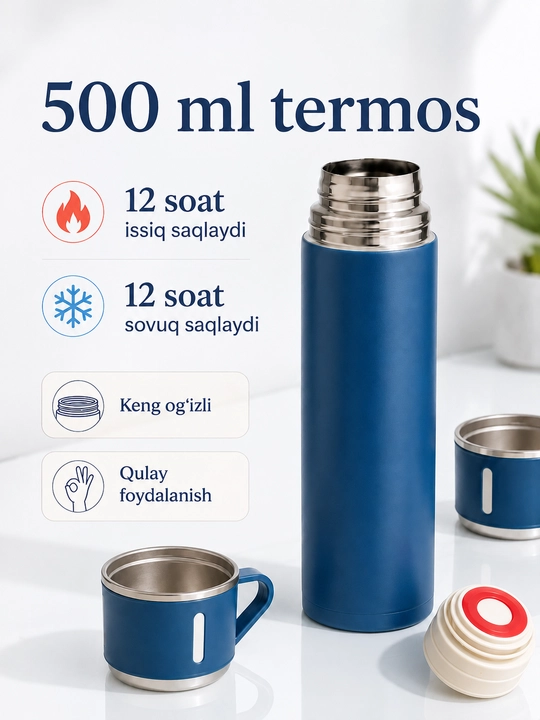 Набор термос 500 мл с 3 чашками, вакуумный, из нержавеющей стали