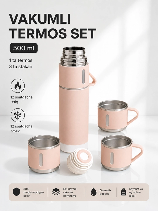 Zanglamaydigan po‘latdan yasalgan, vakuumli, 3 ta chashkali 500 ml li termos to‘plami - 
