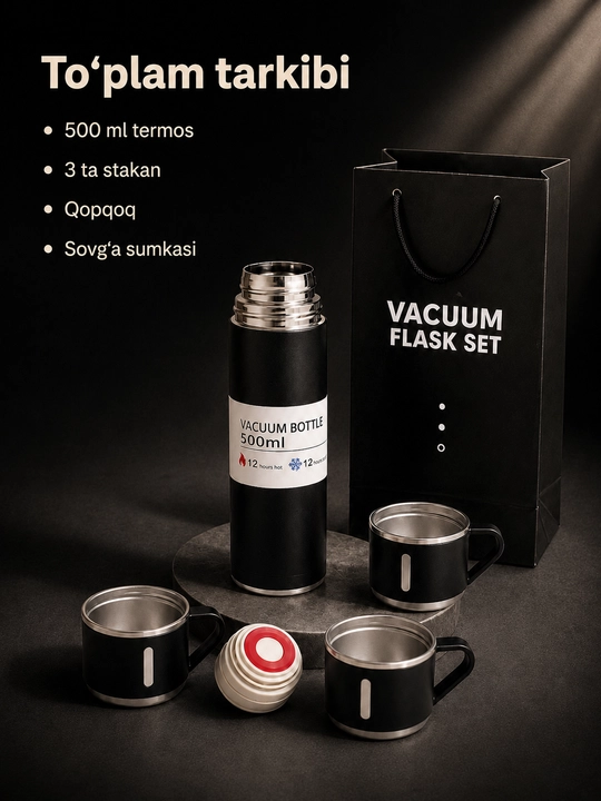 Vakuum termos 500 ml, 3 ta stakanli zanglamas po‘lat to‘plam, sayohat uchun