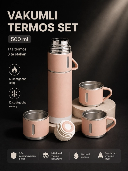 Vakuum termos 500 ml, 3 ta stakanli zanglamas po‘lat to‘plam, sayohat uchun