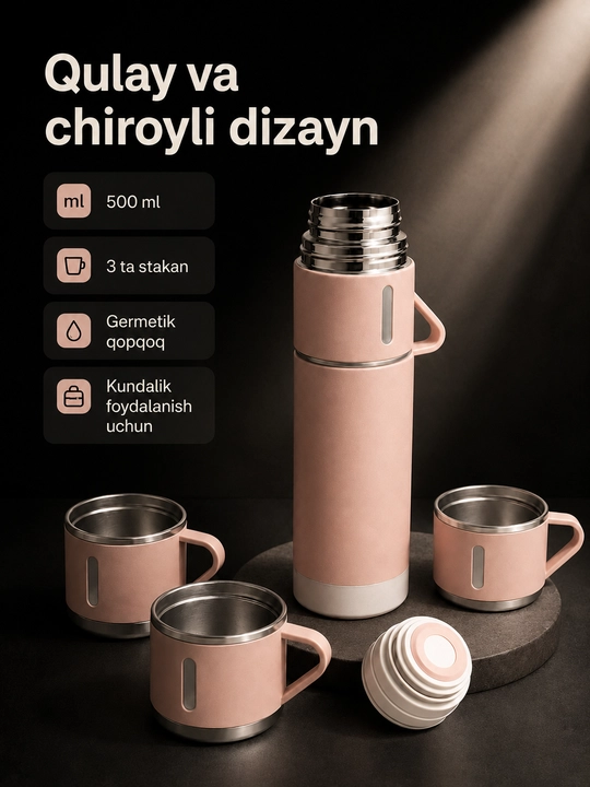 Vakuum termos 500 ml, 3 ta stakanli zanglamas po‘lat to‘plam, sayohat uchun - 