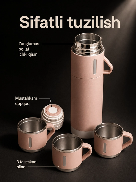 Vakuum termos 500 ml, 3 ta stakanli zanglamas po‘lat to‘plam, sayohat uchun