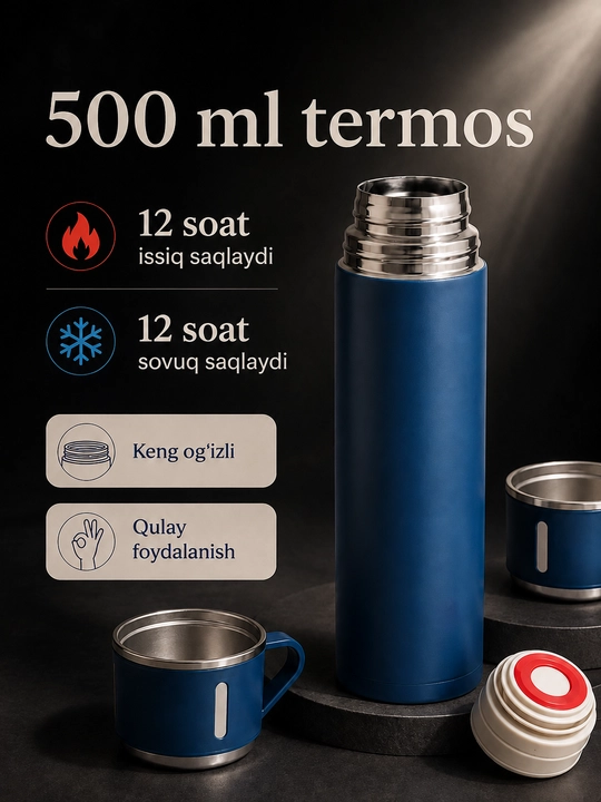 Vakuum termos 500 ml, 3 ta stakanli zanglamas po‘lat to‘plam, sayohat uchun