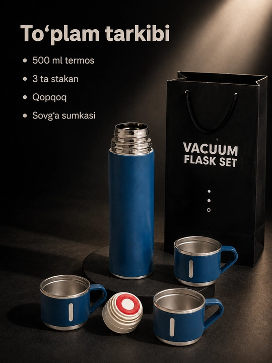 Vakuum termos 500 ml, 3 ta stakanli zanglamas po‘lat to‘plam, sayohat uchun