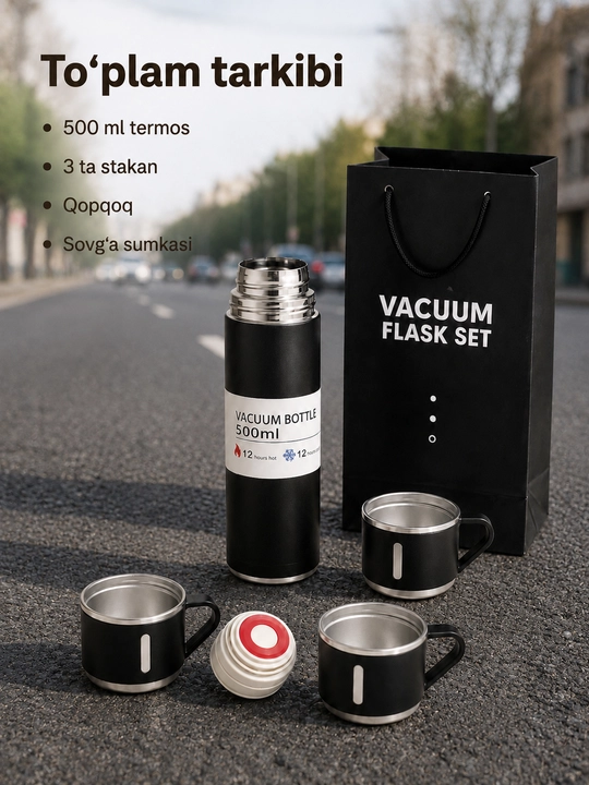 500 ml termos set, 3 ta stakan, vakuumli po‘lat kolba va germetik qopqoq bilan - 