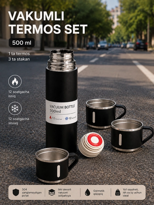 500 ml termos set, 3 ta stakan, vakuumli po‘lat kolba va germetik qopqoq bilan