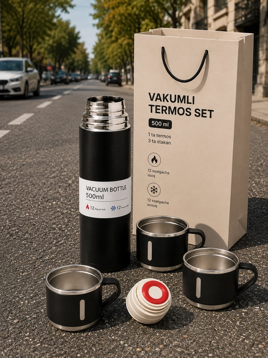 500 ml termos set, 3 ta stakan, vakuumli po‘lat kolba va germetik qopqoq bilan