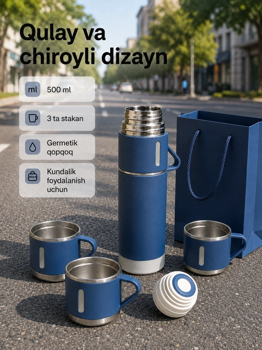 500 ml termos set, 3 ta stakan, vakuumli po‘lat kolba va germetik qopqoq bilan