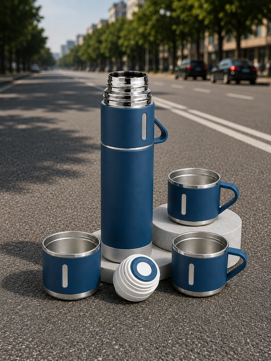 500 ml termos set, 3 ta stakan, vakuumli po‘lat kolba va germetik qopqoq bilan