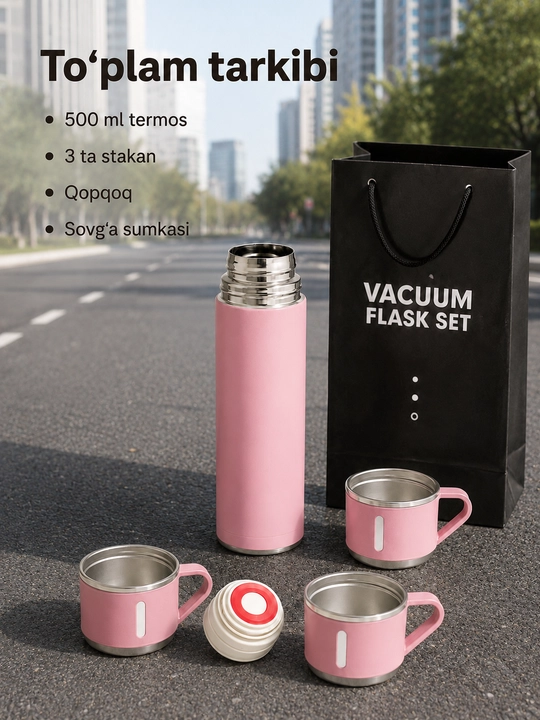 500 ml termos set, 3 ta stakan, vakuumli po‘lat kolba va germetik qopqoq bilan - 