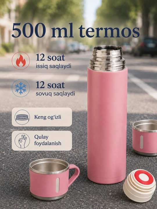 500 ml termos set, 3 ta stakan, vakuumli po‘lat kolba va germetik qopqoq bilan