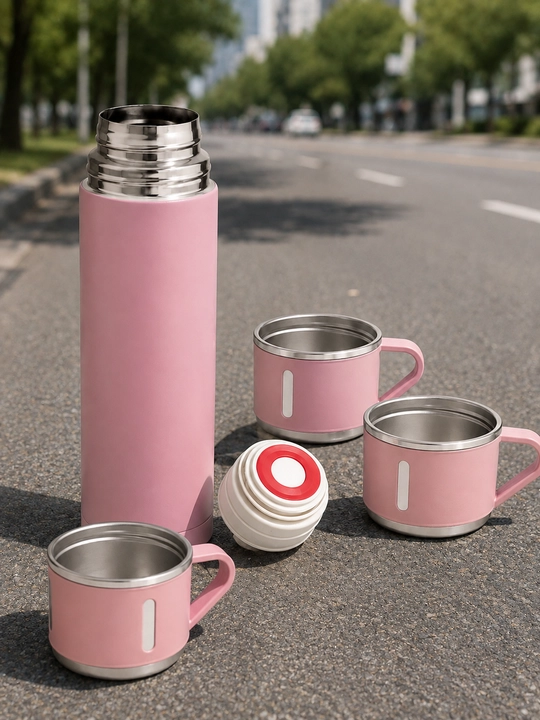500 ml termos set, 3 ta stakan, vakuumli po‘lat kolba va germetik qopqoq bilan