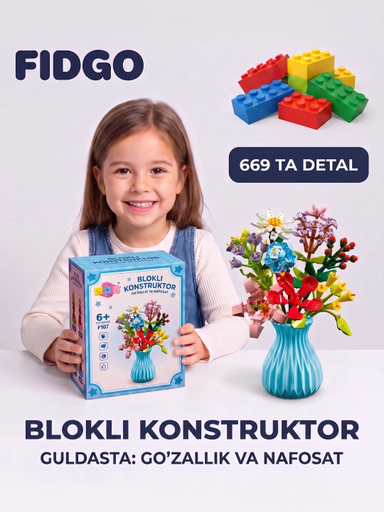 FIDGO "Gullar kolleksiyasi" konstruktori, 3D gullar, atirgullar, orxideyalar va guldastalar - 