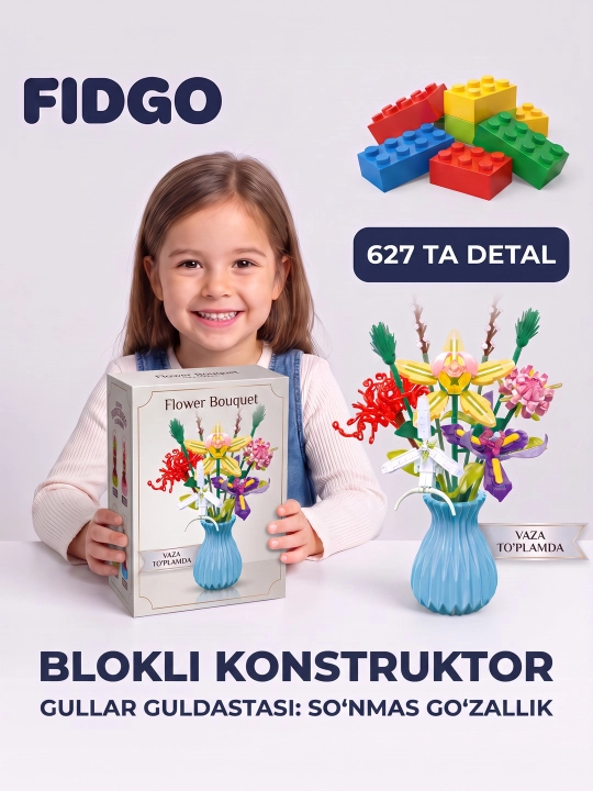 FIDGO "Gullar kolleksiyasi" konstruktori, 3D gullar, atirgullar, orxideyalar va guldastalar - 