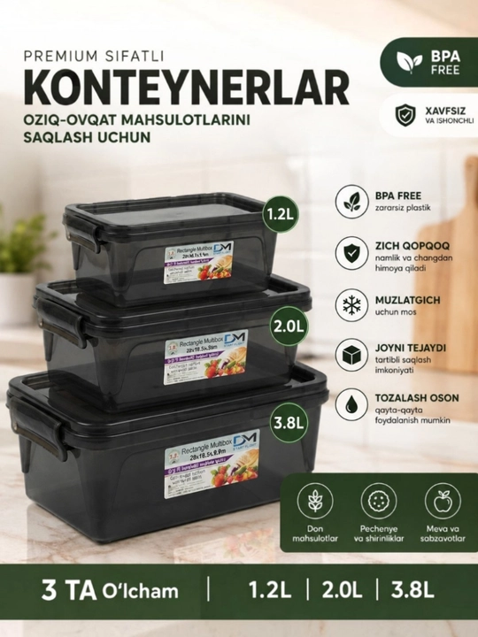 Oziq-ovqat mahsulotlarini saqlash uchun konteynerlar, turli o‘lchamdagi konteynerlar - 