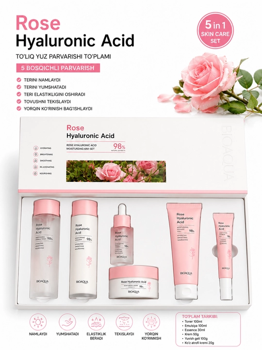 BIOAQUA Rose Hyaluronic Acid 98% набор для ухода за кожей лица, 5 предметов - 