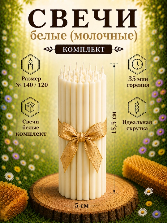 Свечи карандаши медовые восковые №120/140, 15,5 см х 0.54 см - 