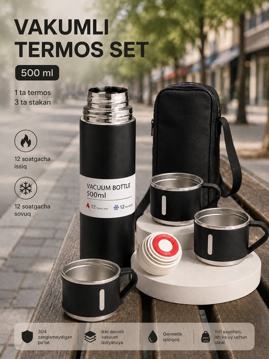 Termos set 500 ml, 3 ta stakan bilan, vakuumli va zanglamaydigan po‘latdan