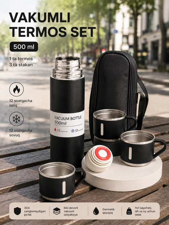 Termos set 500 ml, 3 ta stakan bilan, vakuumli va zanglamaydigan po‘latdan