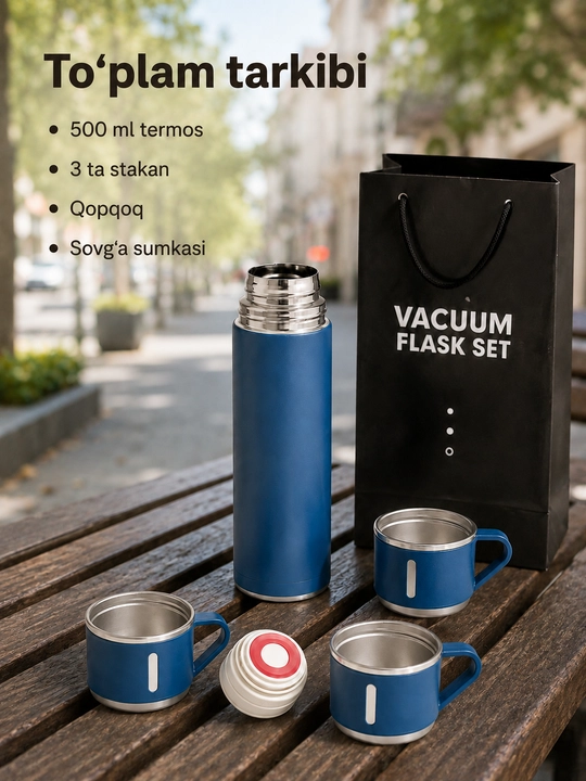 Termos set 500 ml, 3 ta stakan bilan, vakuumli va zanglamaydigan po‘latdan
