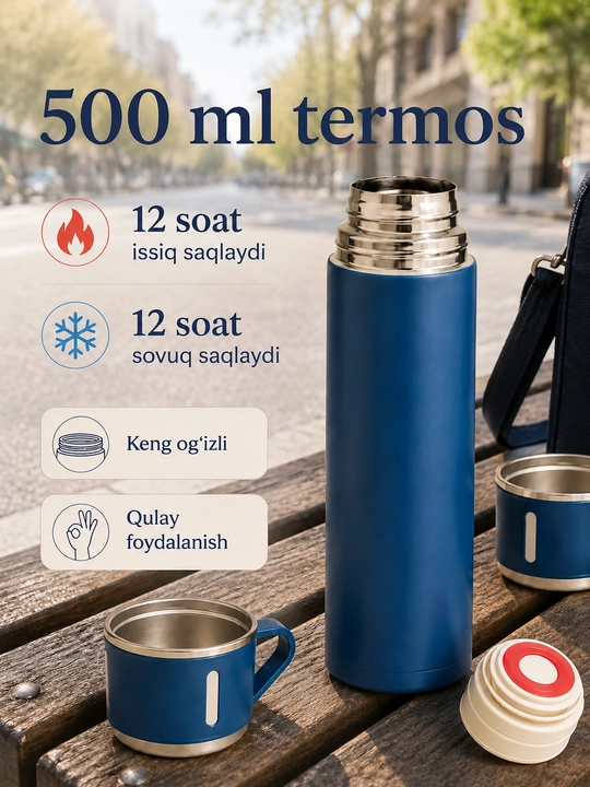 Termos set 500 ml, 3 ta stakan bilan, vakuumli va zanglamaydigan po‘latdan