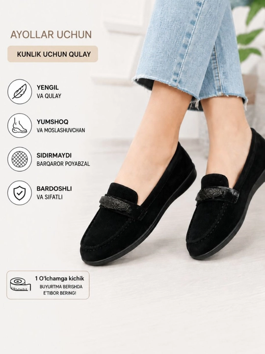 Ayollar mokasini, zamshli, kundalik, yengil, klassik - 