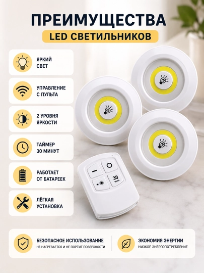 Masofadan boshqariladigan LED chiroqlar 3 dona, batareyali, simsiz yoritgich - 