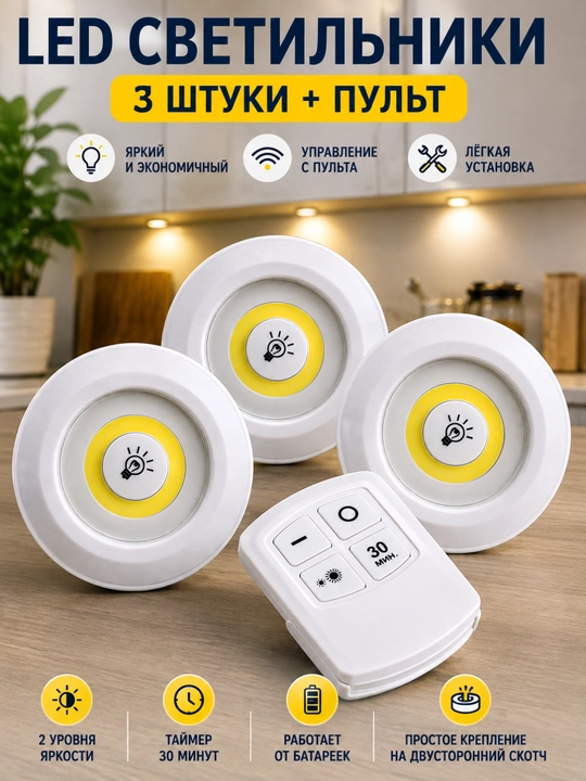 Masofadan boshqariladigan LED chiroqlar 3 dona, batareyali, simsiz yoritgich