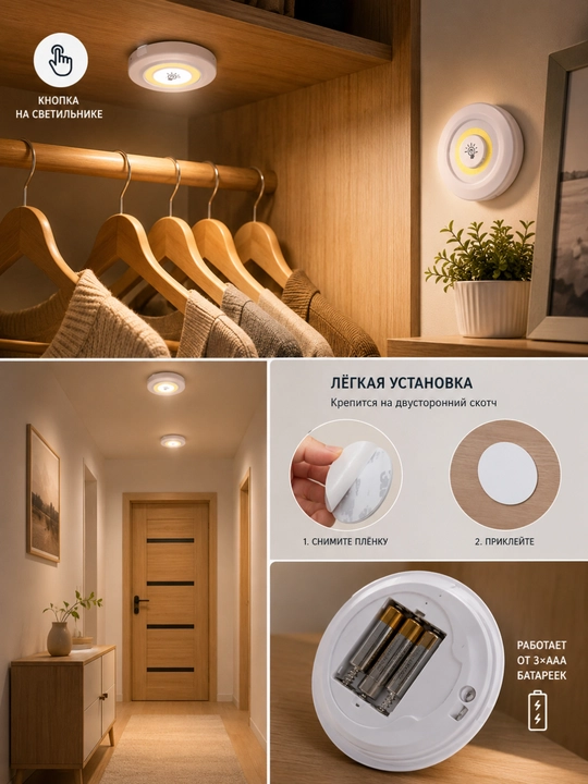 Masofadan boshqariladigan LED chiroqlar 3 dona, batareyali, simsiz yoritgich