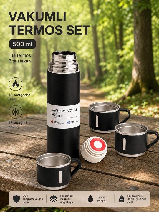 500 ml vakuumli termos, 3 ta chashka va sayohat uchun ishonchli qopqoq bilan
