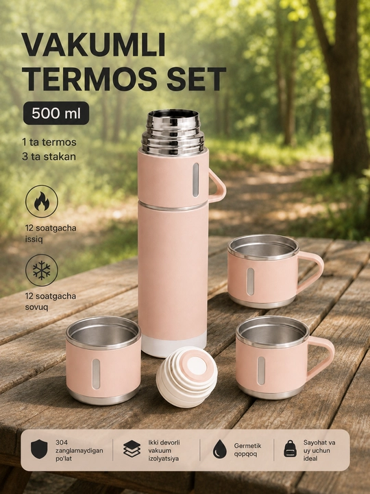 500 ml vakuumli termos, 3 ta chashka va sayohat uchun ishonchli qopqoq bilan - 